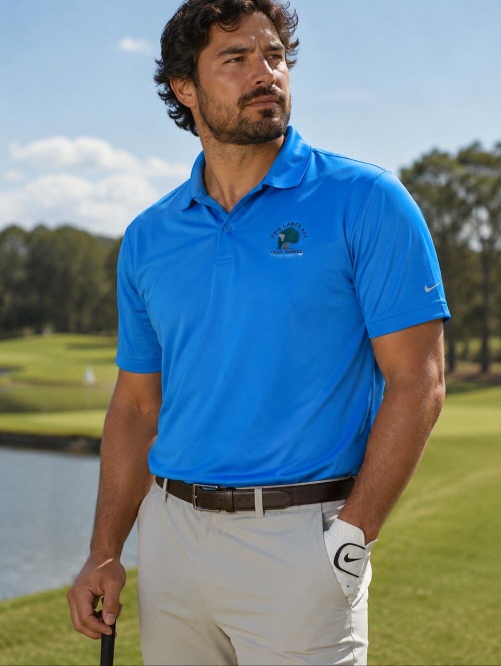 Nike Golf Blue Polo Shirt The Lakes At Osan Gingko 1280 A.D.  Logo Sz 2XL